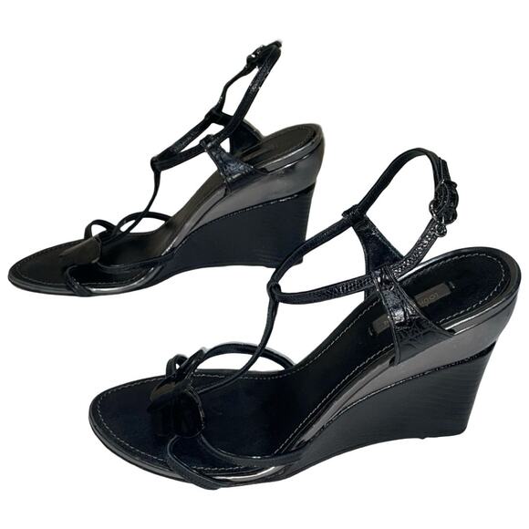 Louis Vuitton Black Croc Embossed Leather Butterfly Wedge Sandals   Size: EU 40 - Picture 6 of 11